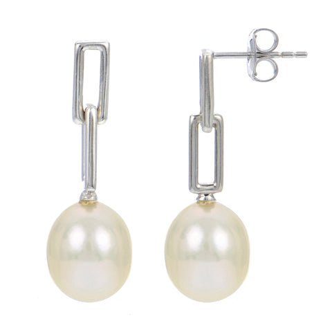 Silver & Cultured Pearl Small Paperclip Earrings