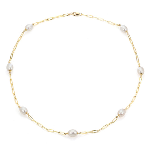 14K Cultured Pearl Paperclip Necklace
