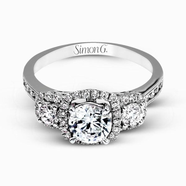 18K 3-stone with Diamond halo Engagement Ring