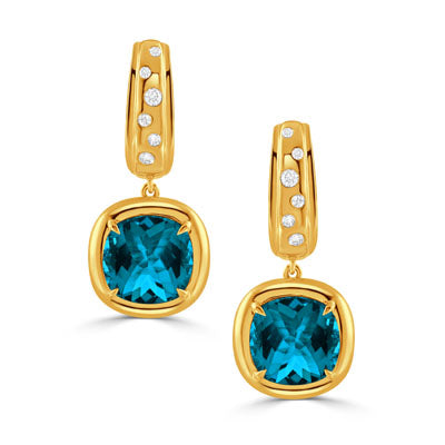 DOVES 18K Yellow Gold Diamond and London Blue Topaz Earrings