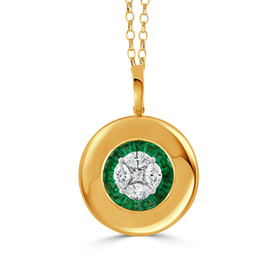 DOVES 18K Yellow Gold Diamond Pendant with Emerald