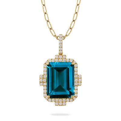 18K YG Diamond Pendant with London Blue Topaz Center
