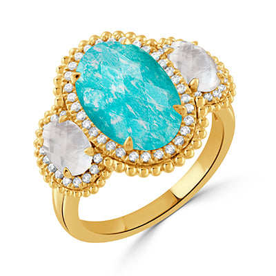 DOVES 18K Yellow Gold Diamond "Justinian" ring with Amazonite and White Mother of Pearl