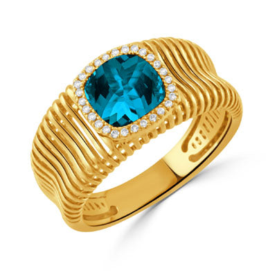 DOVES 18K Yellow Gold Diamond Ring with London Blue Topaz Center