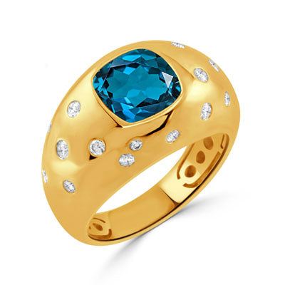 DOVES 18K Yellow Gold Diamond Ring with Blue Topaz