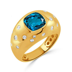 DOVES 18K Yellow Gold Diamond Ring with Blue Topaz