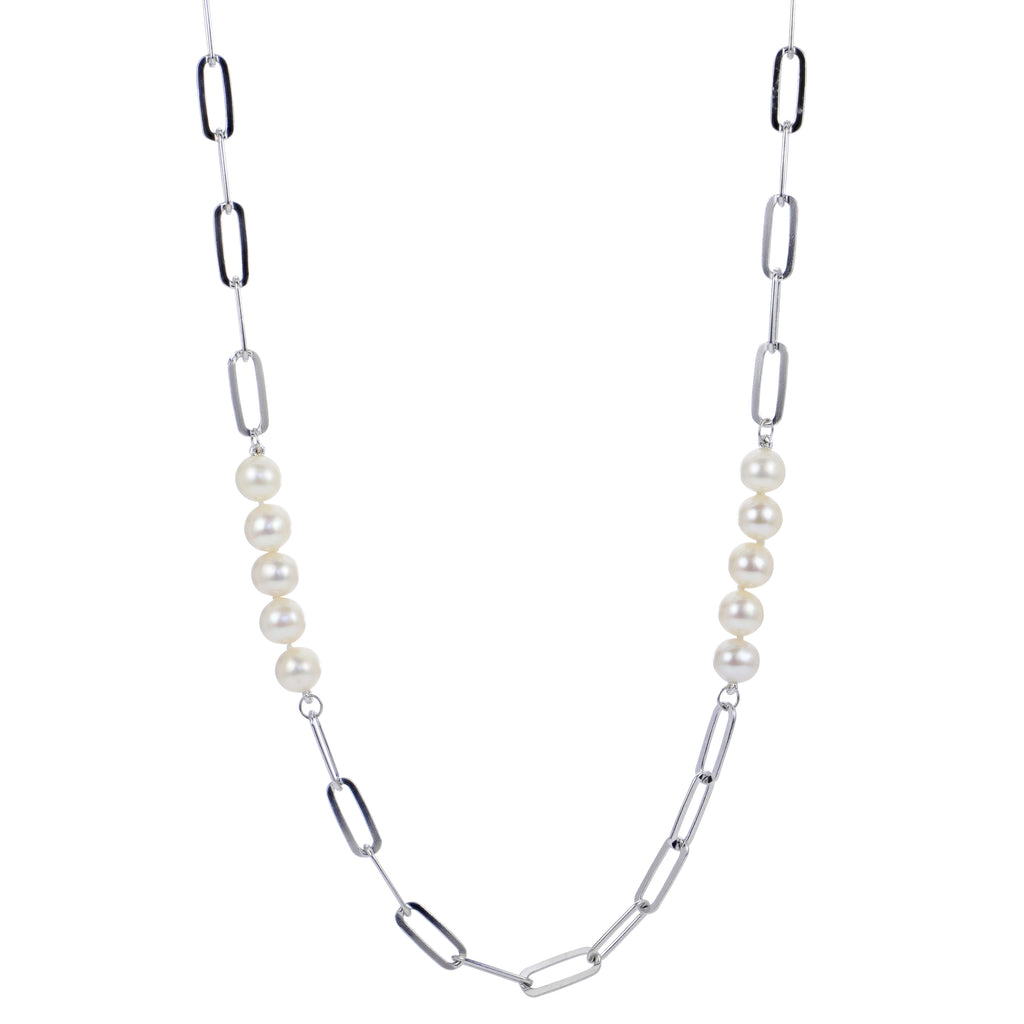32" Silver & Freshwater Pearl & Paperclip Necklace