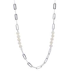32" Silver & Freshwater Pearl & Paperclip Necklace