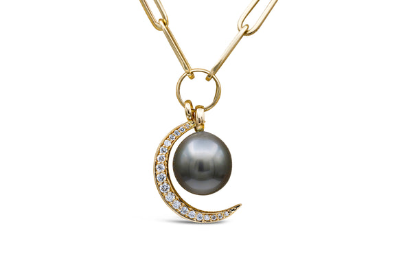 Paperclip Necklace with Pearl and Diamond Moon