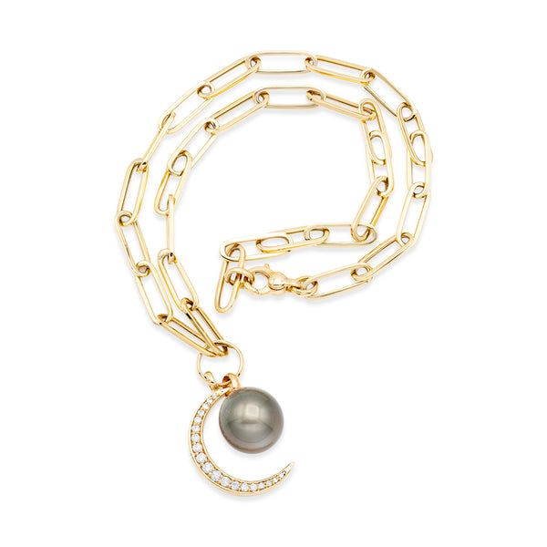 Paperclip Necklace with Pearl and Diamond Moon