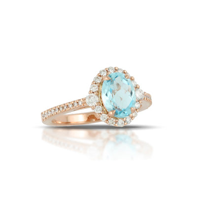 Doves - Little Bird Bridal - 18K Rose Gold and Blue Topaz Diamond Halo Ring