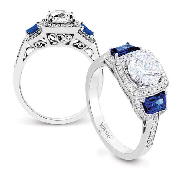 18K White Gold Diamond & Trapezoid Cut Sapphire Ring