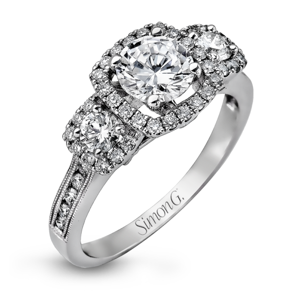 18K 3-stone with Diamond halo Engagement Ring