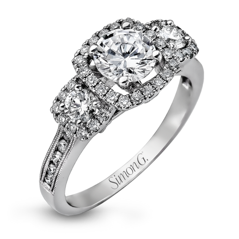 18K 3-stone with Diamond halo Engagement Ring