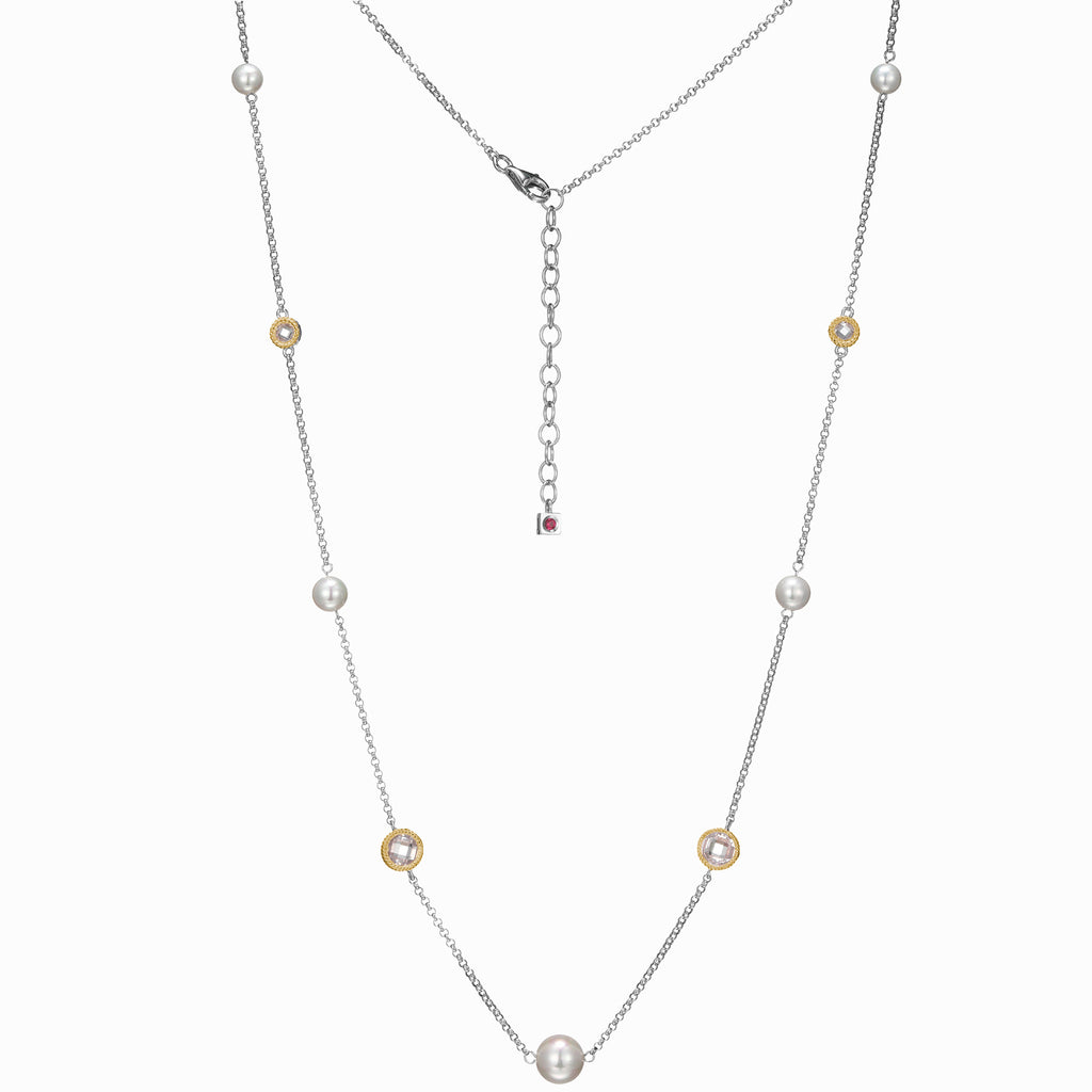 2-Tone Pearl & Crystal Station Necklace