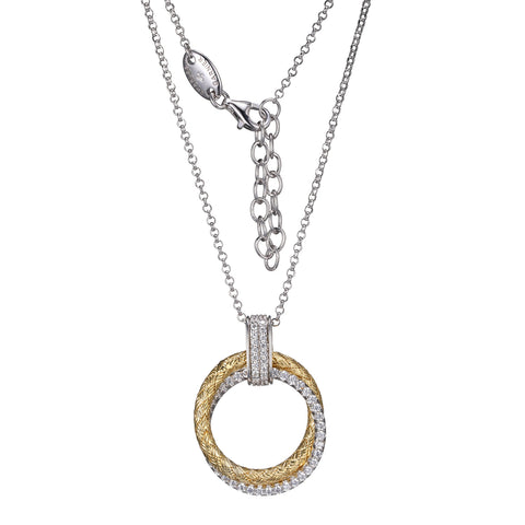 2-Tone & Crystal Necklace with Interlocking Circles Pendant