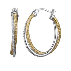 2-Tone Crossed Mesh Oval Hoop Earring with Crystals