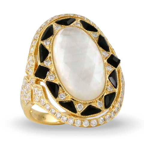 Doves - 18K YG Diamond, Mother of Pearl & Black Onyx Ring